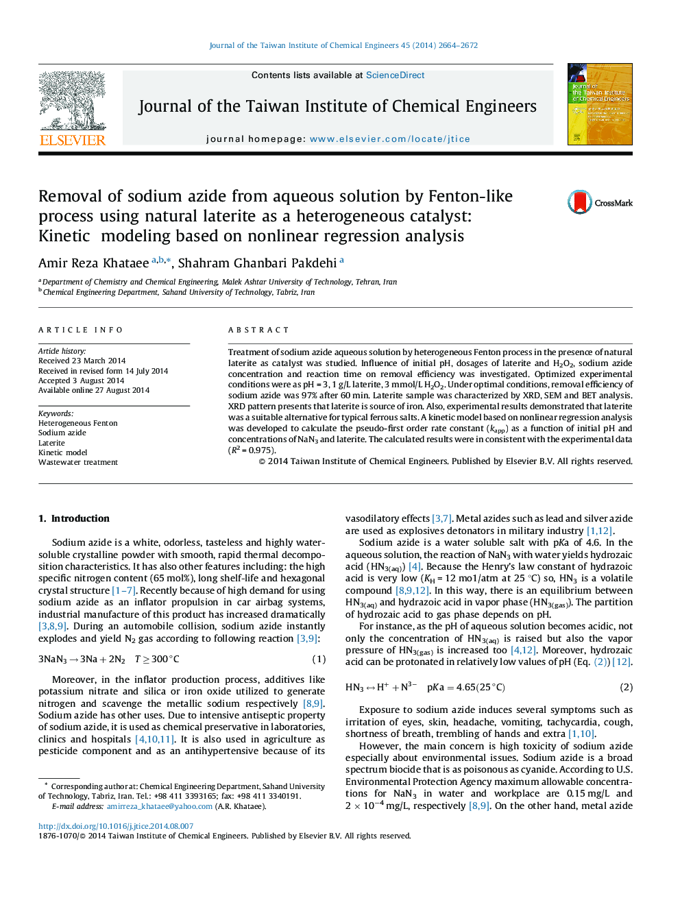 Removal of sodium azide from aqueous solution by Fenton-like process using natural laterite as a heterogeneous catalyst: Kinetic modeling based on nonlinear regression analysis