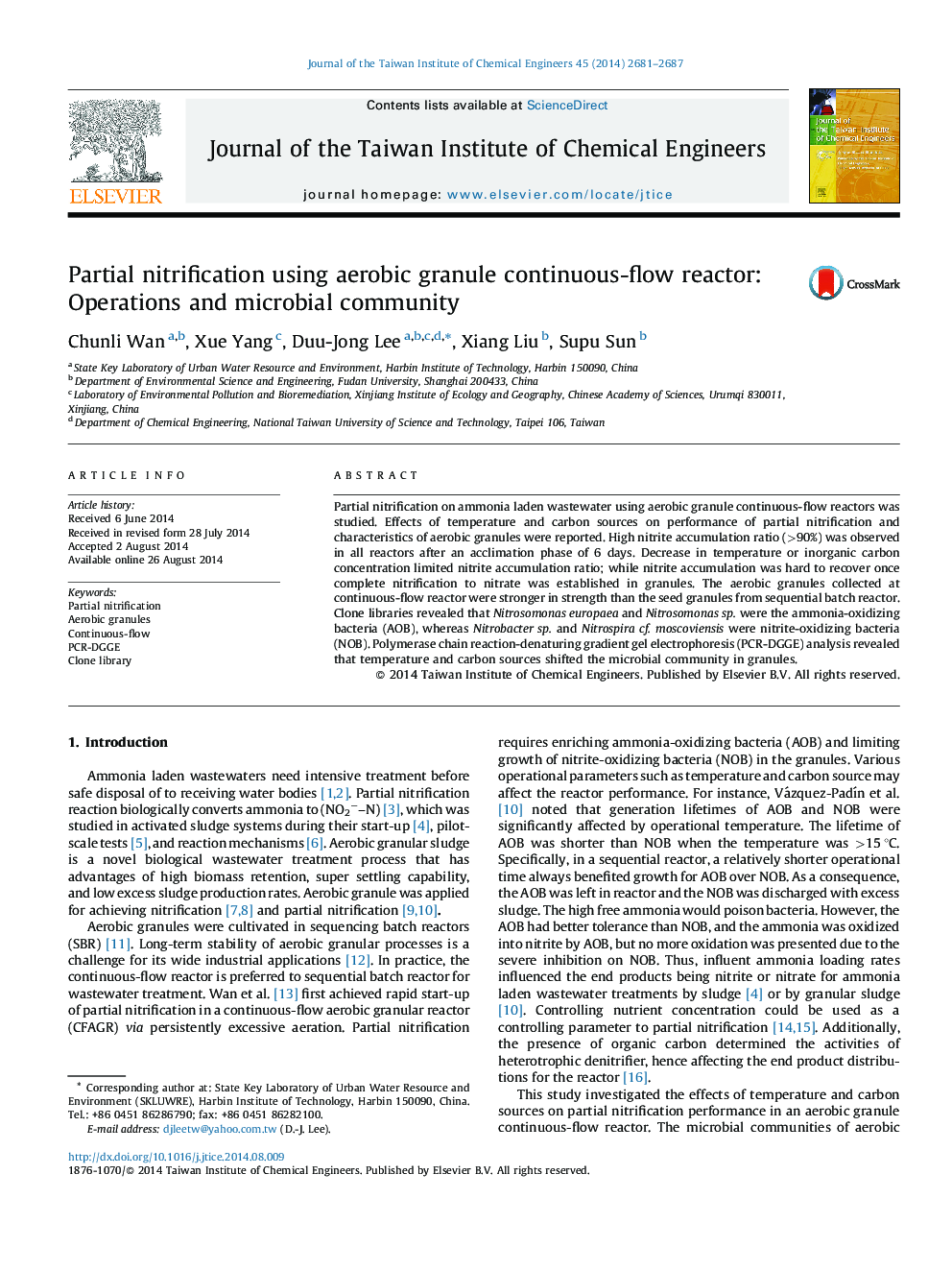 Partial nitrification using aerobic granule continuous-flow reactor: Operations and microbial community