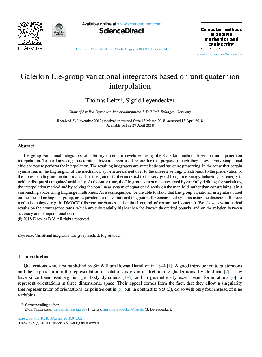 Galerkin Lie-group variational integrators based on unit quaternion interpolation