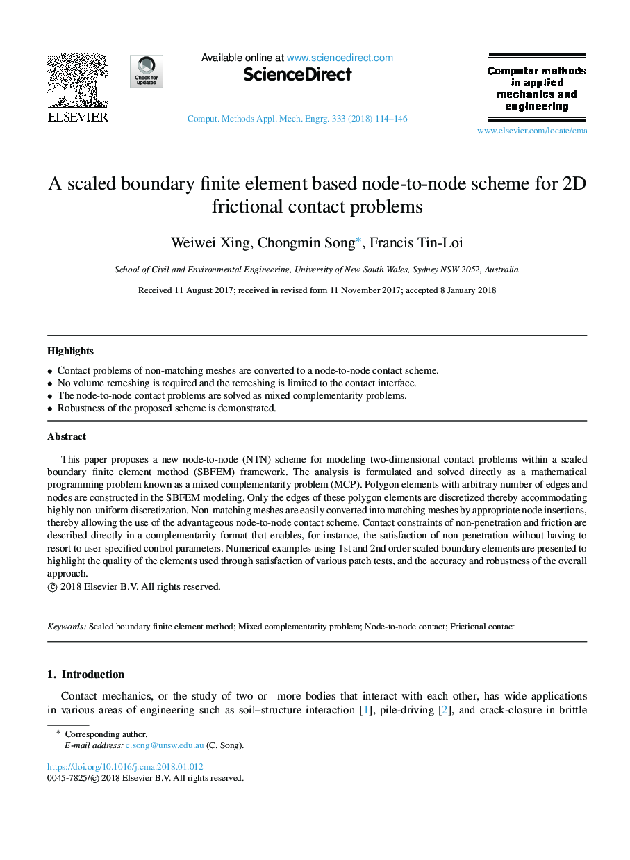 A scaled boundary finite element based node-to-node scheme for 2D frictional contact problems