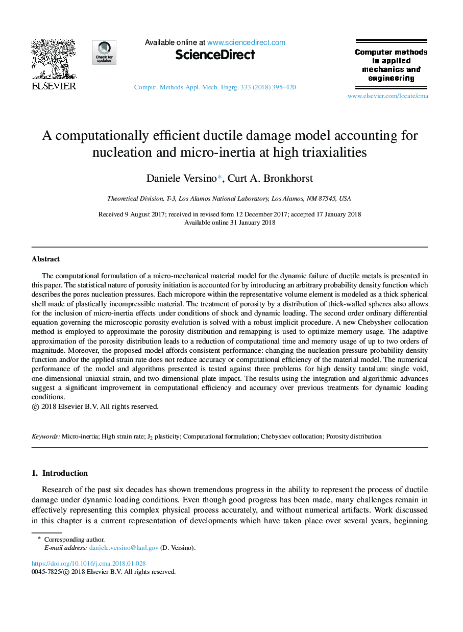 A computationally efficient ductile damage model accounting for nucleation and micro-inertia at high triaxialities