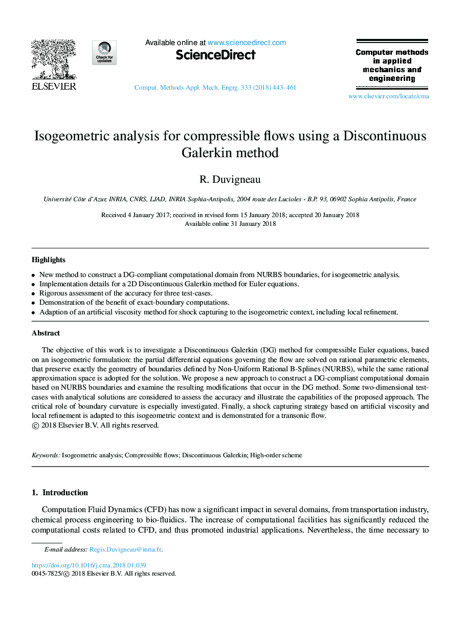 Isogeometric analysis for compressible flows using a Discontinuous Galerkin method