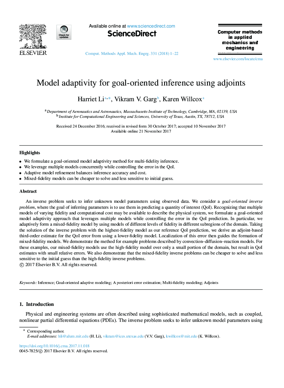 Model adaptivity for goal-oriented inference using adjoints