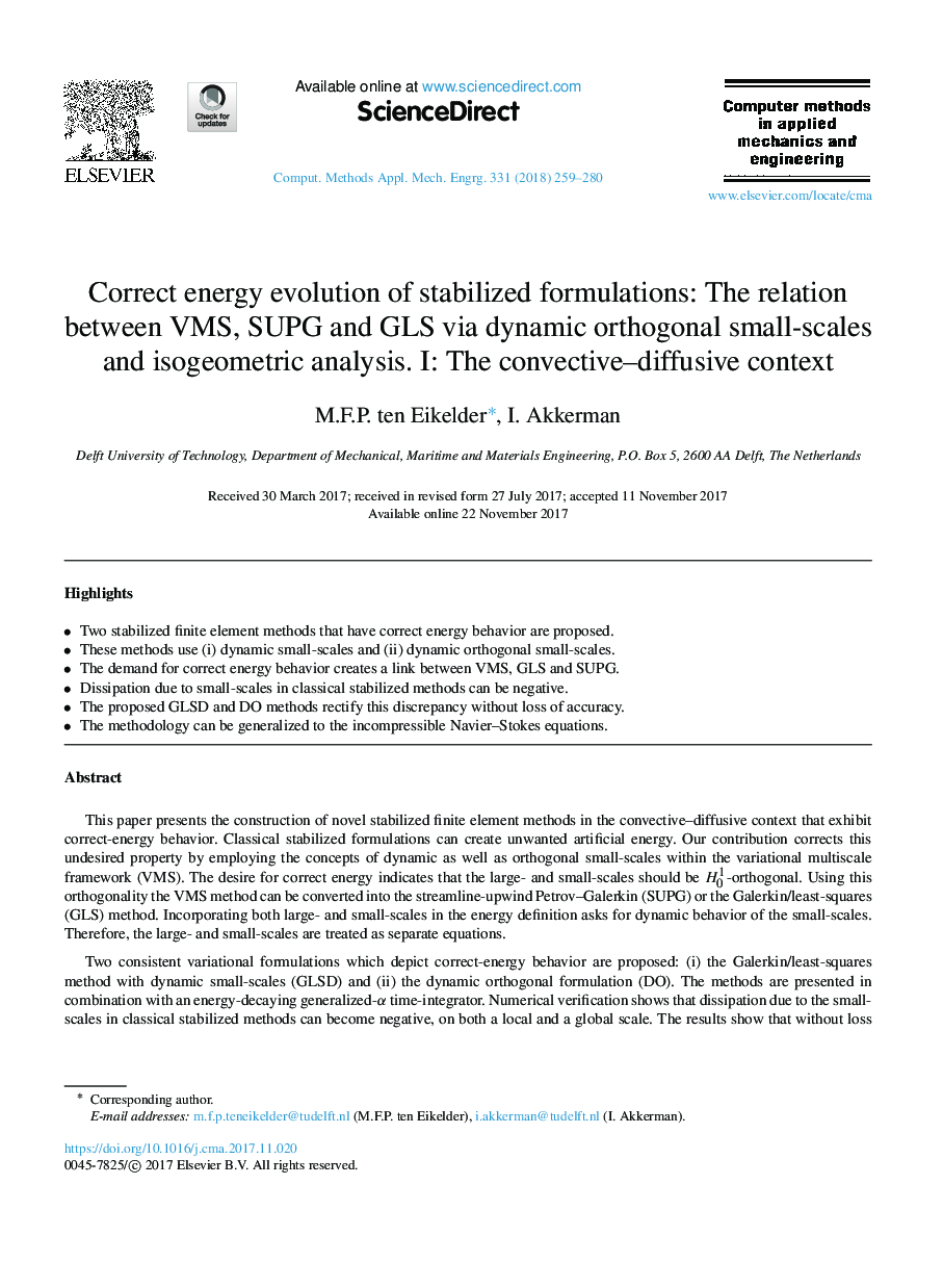عکس صفحه اول مقاله: Correct energy evolution of stabilized formulations: The relation between VMS, SUPG and GLS via dynamic orthogonal small-scales and isogeometric analysis. I: The convective-diffusive context Correct energy evolution of stabilized formulations: The relation between VMS, SUPG and GLS via dynamic orthogonal small-scales and isogeometric analysis. I: The convective-diffusive context