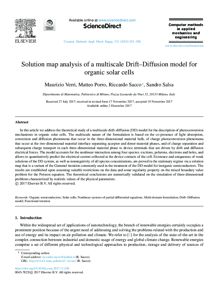 Solution map analysis of a multiscale Drift-Diffusion model for organic solar cells