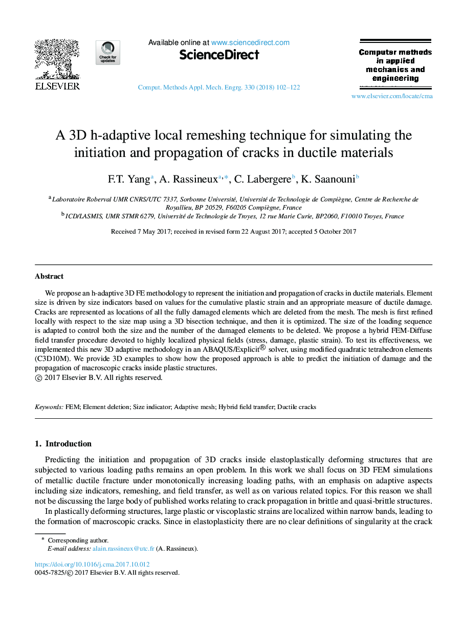 A 3D h-adaptive local remeshing technique for simulating the initiation and propagation of cracks in ductile materials