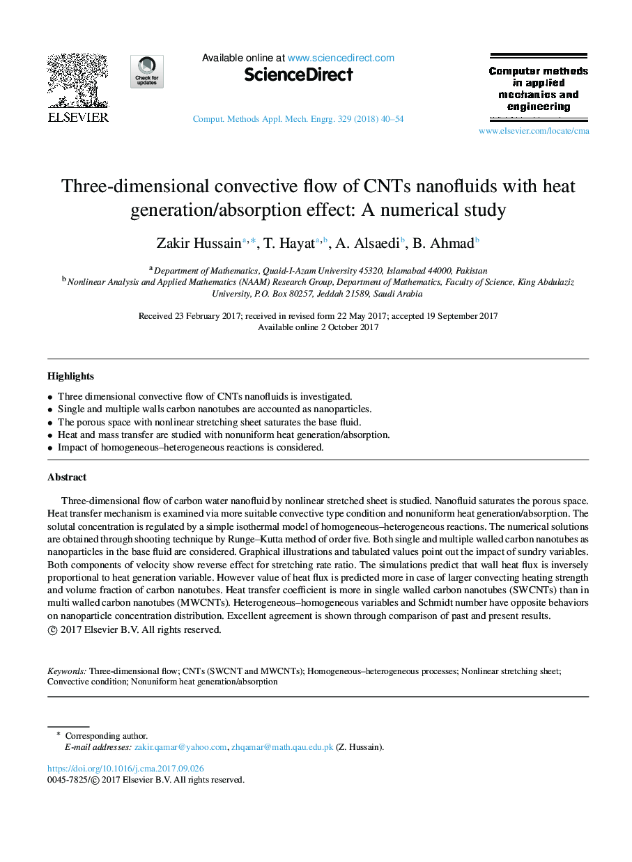 Three-dimensional convective flow of CNTs nanofluids with heat generation/absorption effect: A numerical study