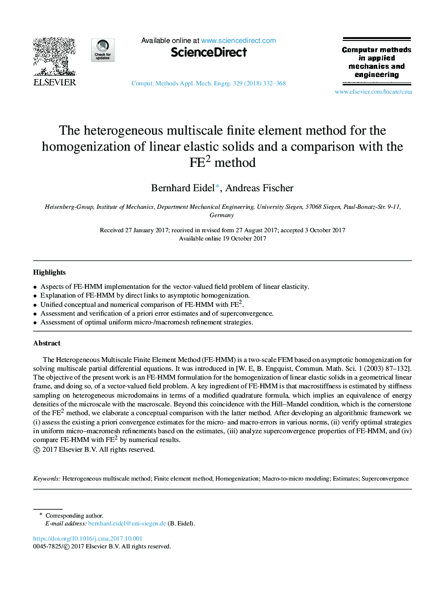 The heterogeneous multiscale finite element method for the homogenization of linear elastic solids and a comparison with the FE2 method