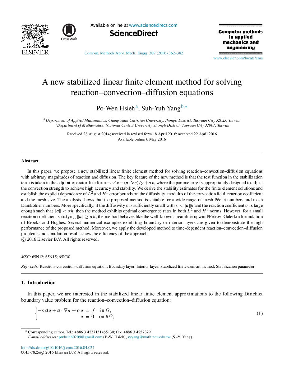 A new stabilized linear finite element method for solving reaction-convection-diffusion equations