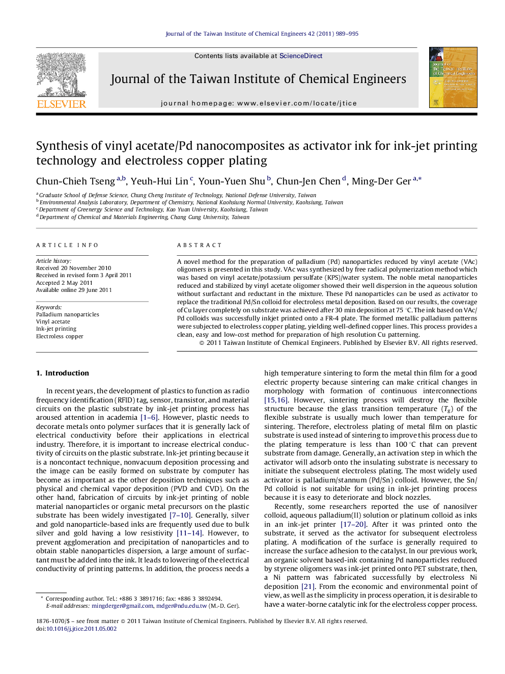 Synthesis of vinyl acetate/Pd nanocomposites as activator ink for ink-jet printing technology and electroless copper plating