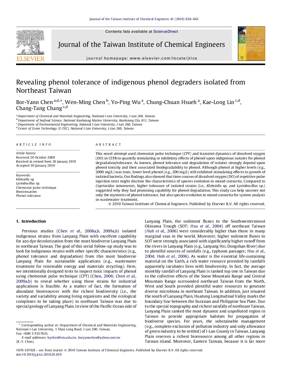 Revealing phenol tolerance of indigenous phenol degraders isolated from Northeast Taiwan