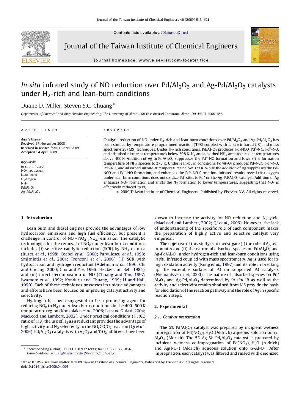 In situ infrared study of NO reduction over Pd/Al2O3 and Ag-Pd/Al2O3 catalysts under H2-rich and lean-burn conditions