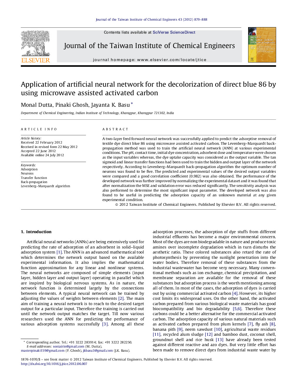 Application of artificial neural network for the decolorization of direct blue 86 by using microwave assisted activated carbon