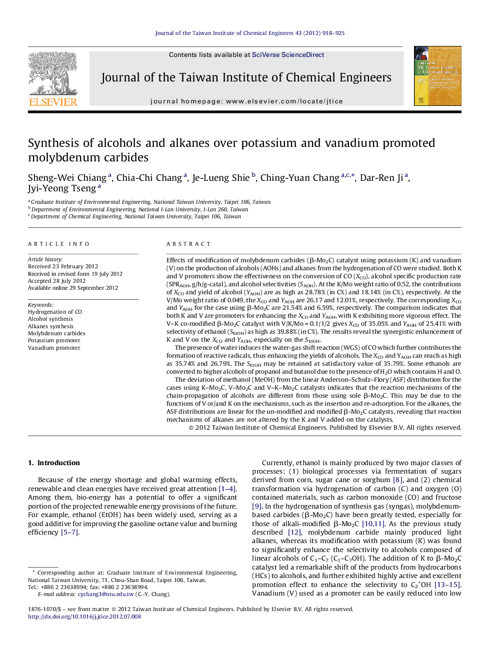 Synthesis of alcohols and alkanes over potassium and vanadium promoted molybdenum carbides