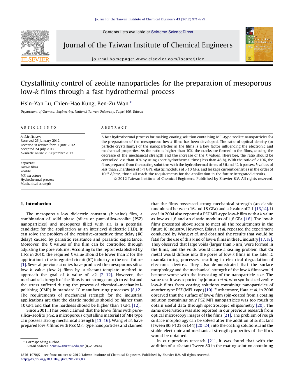 عکس صفحه اول مقاله: Crystallinity control of zeolite nanoparticles for the preparation of mesoporous low-k films through a fast hydrothermal process Crystallinity control of zeolite nanoparticles for the preparation of mesoporous low-k films through a fast hydrothermal process