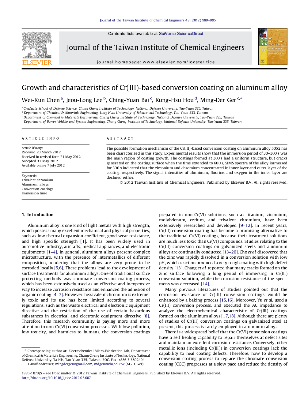 Growth and characteristics of Cr(III)-based conversion coating on aluminum alloy