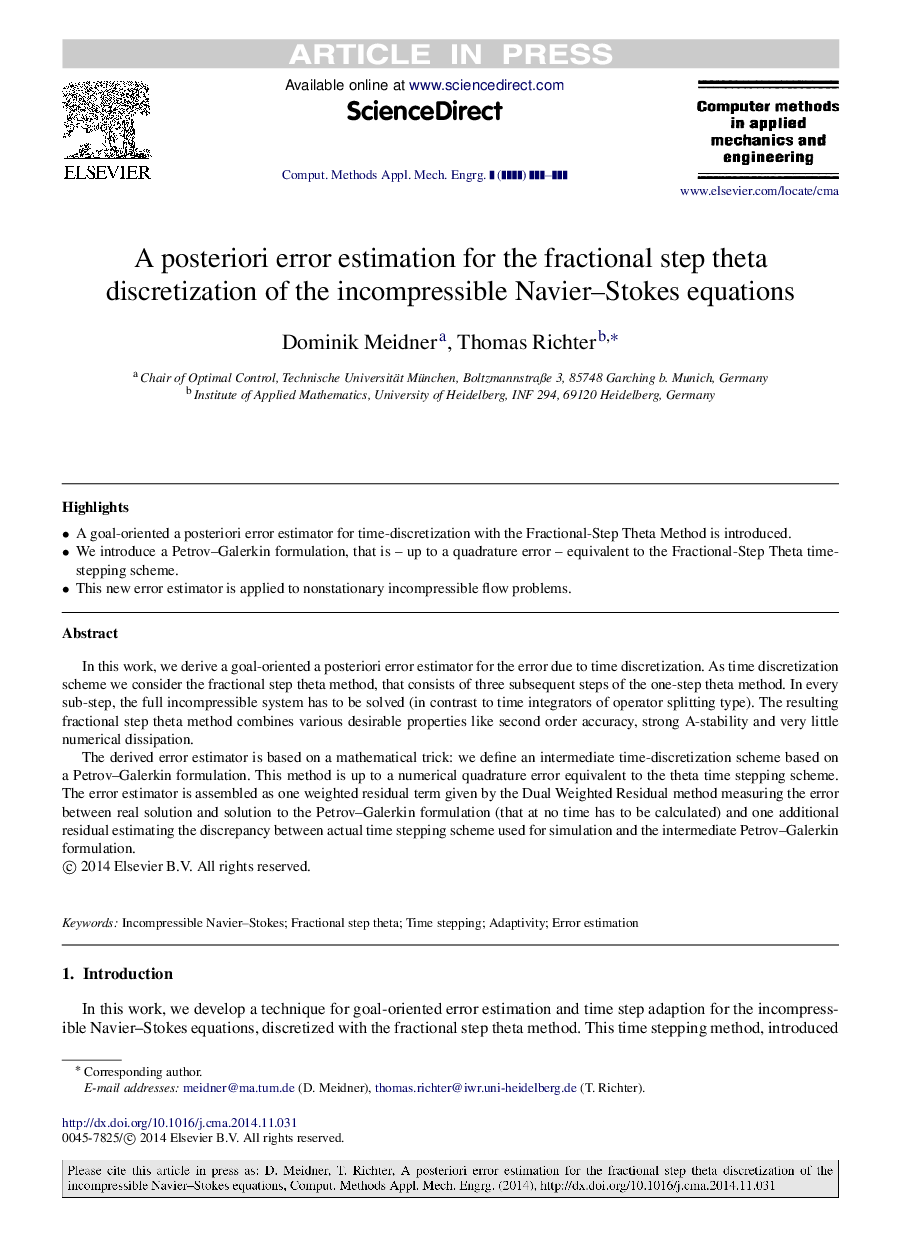 A posteriori error estimation for the fractional step theta discretization of the incompressible Navier-Stokes equations