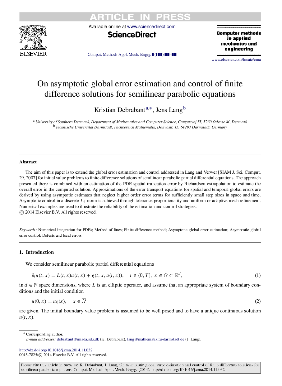 On asymptotic global error estimation and control of finite difference solutions for semilinear parabolic equations