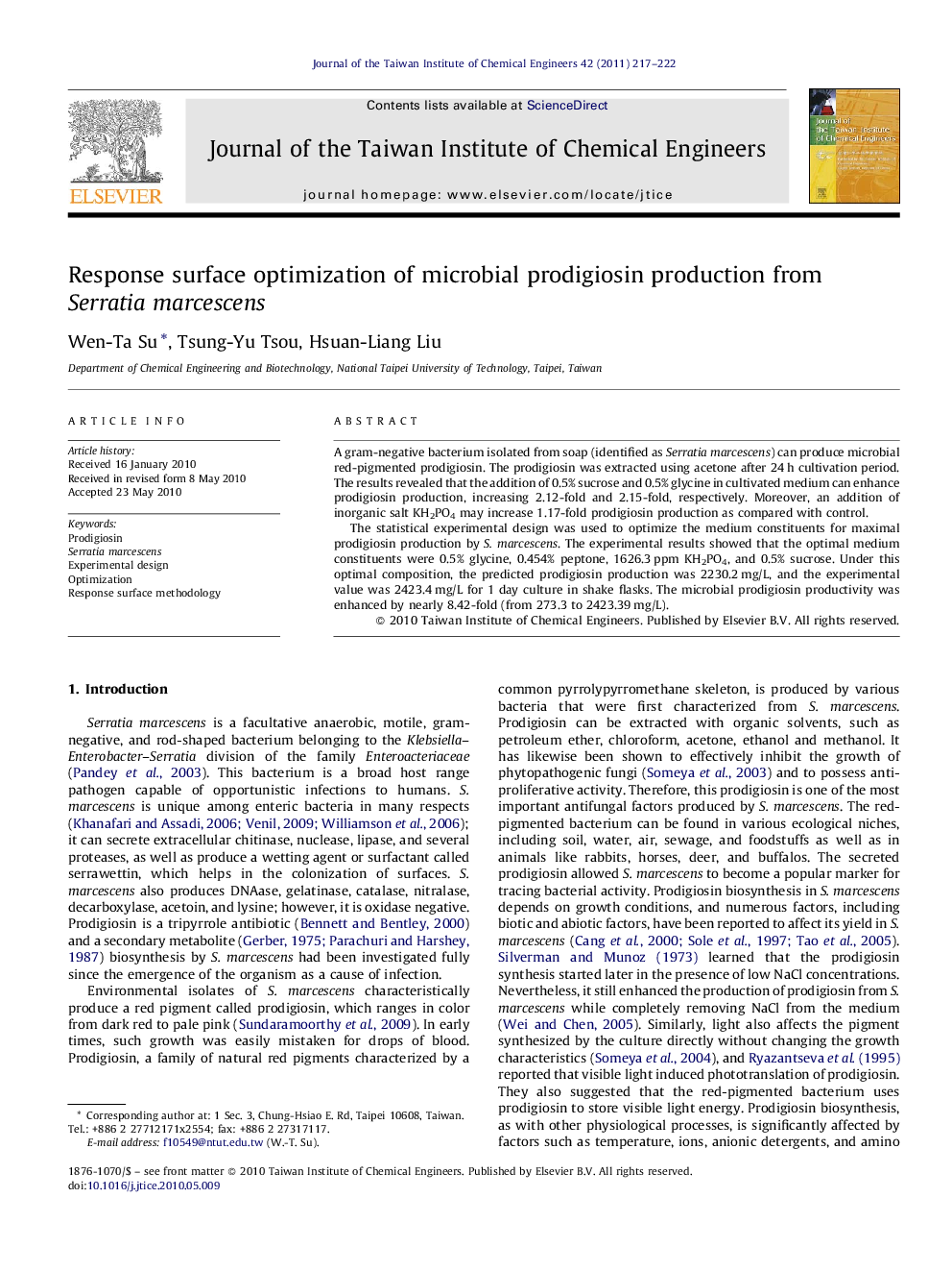 Response surface optimization of microbial prodigiosin production from Serratia marcescens