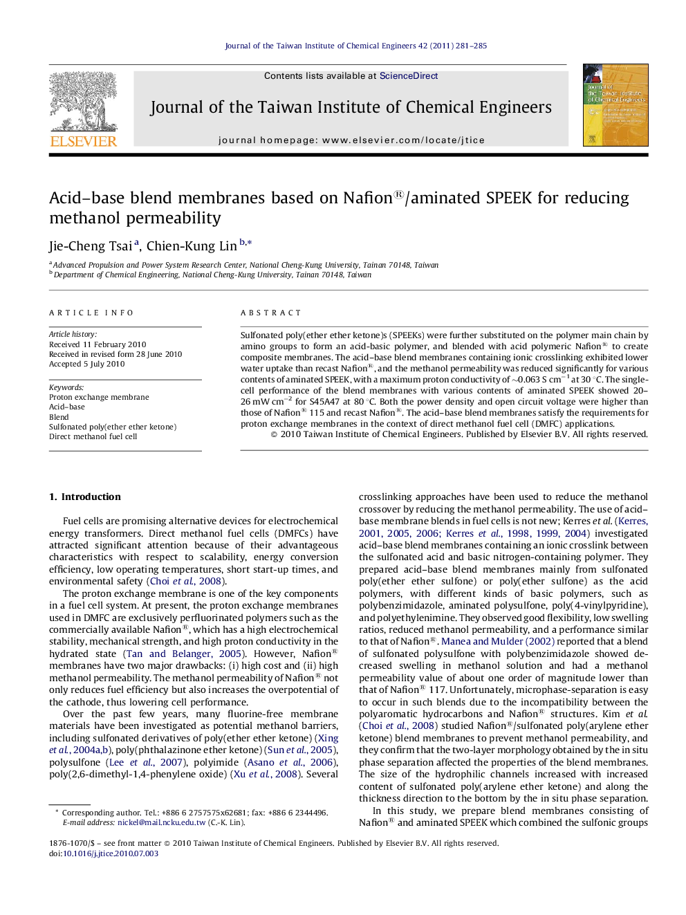 Acid-base blend membranes based on Nafion®/aminated SPEEK for reducing methanol permeability