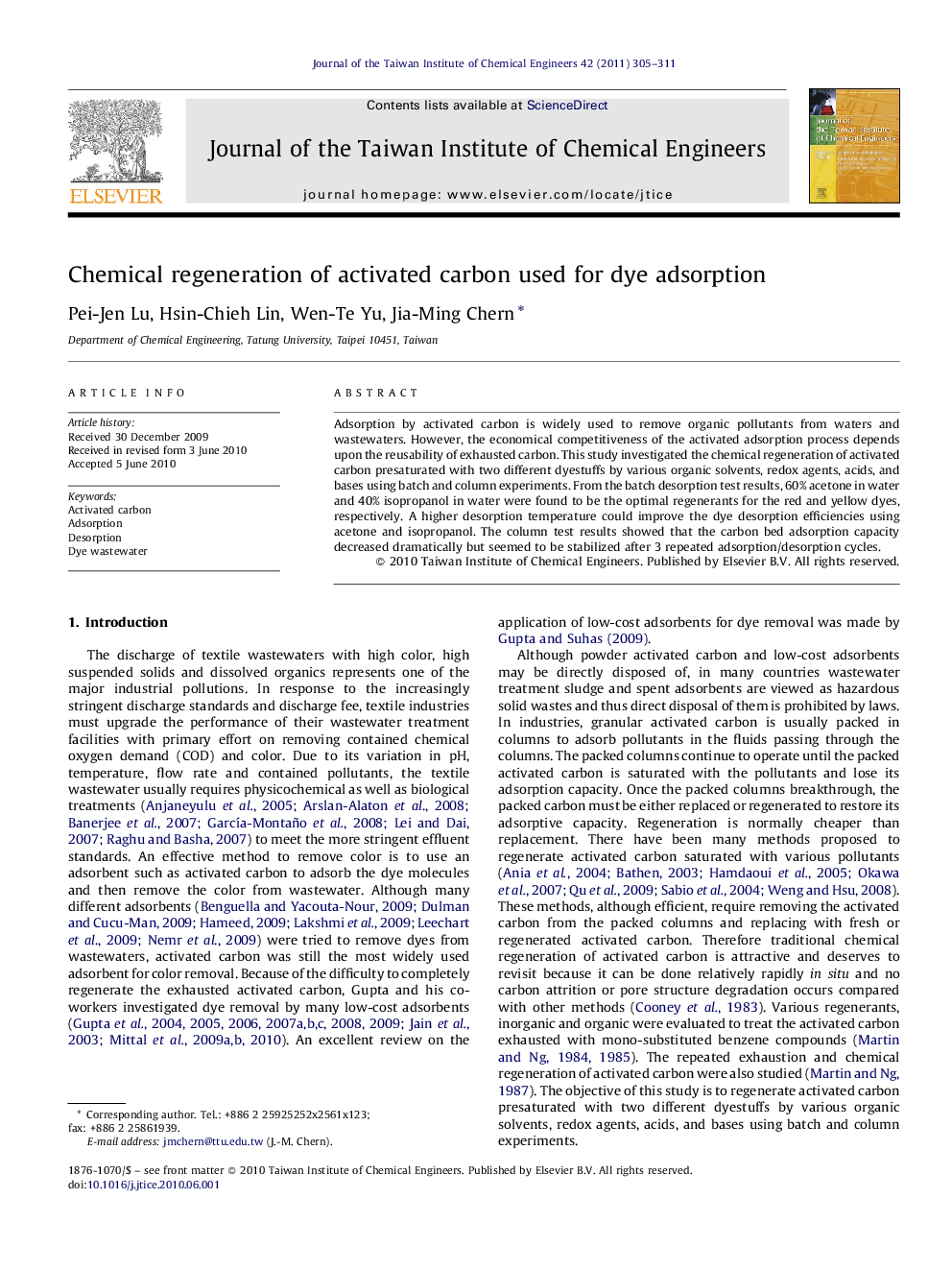 Chemical regeneration of activated carbon used for dye adsorption