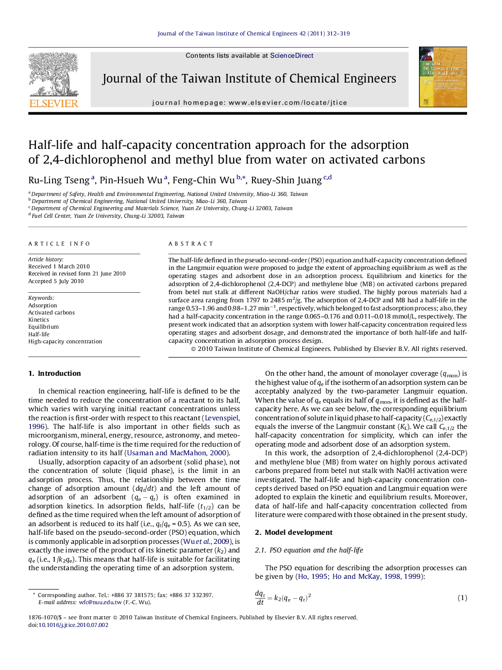 Half-life and half-capacity concentration approach for the adsorption of 2,4-dichlorophenol and methyl blue from water on activated carbons