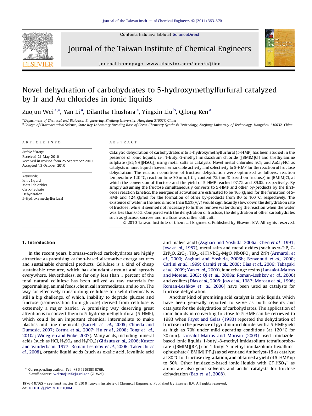 Novel dehydration of carbohydrates to 5-hydroxymethylfurfural catalyzed by Ir and Au chlorides in ionic liquids