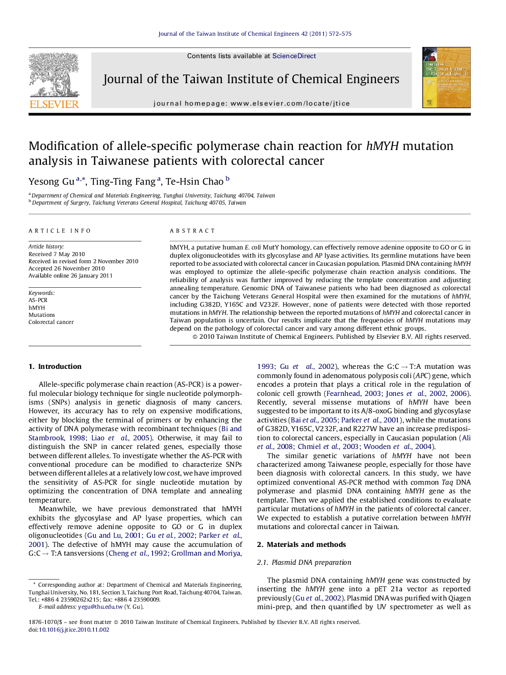 Modification of allele-specific polymerase chain reaction for hMYH mutation analysis in Taiwanese patients with colorectal cancer