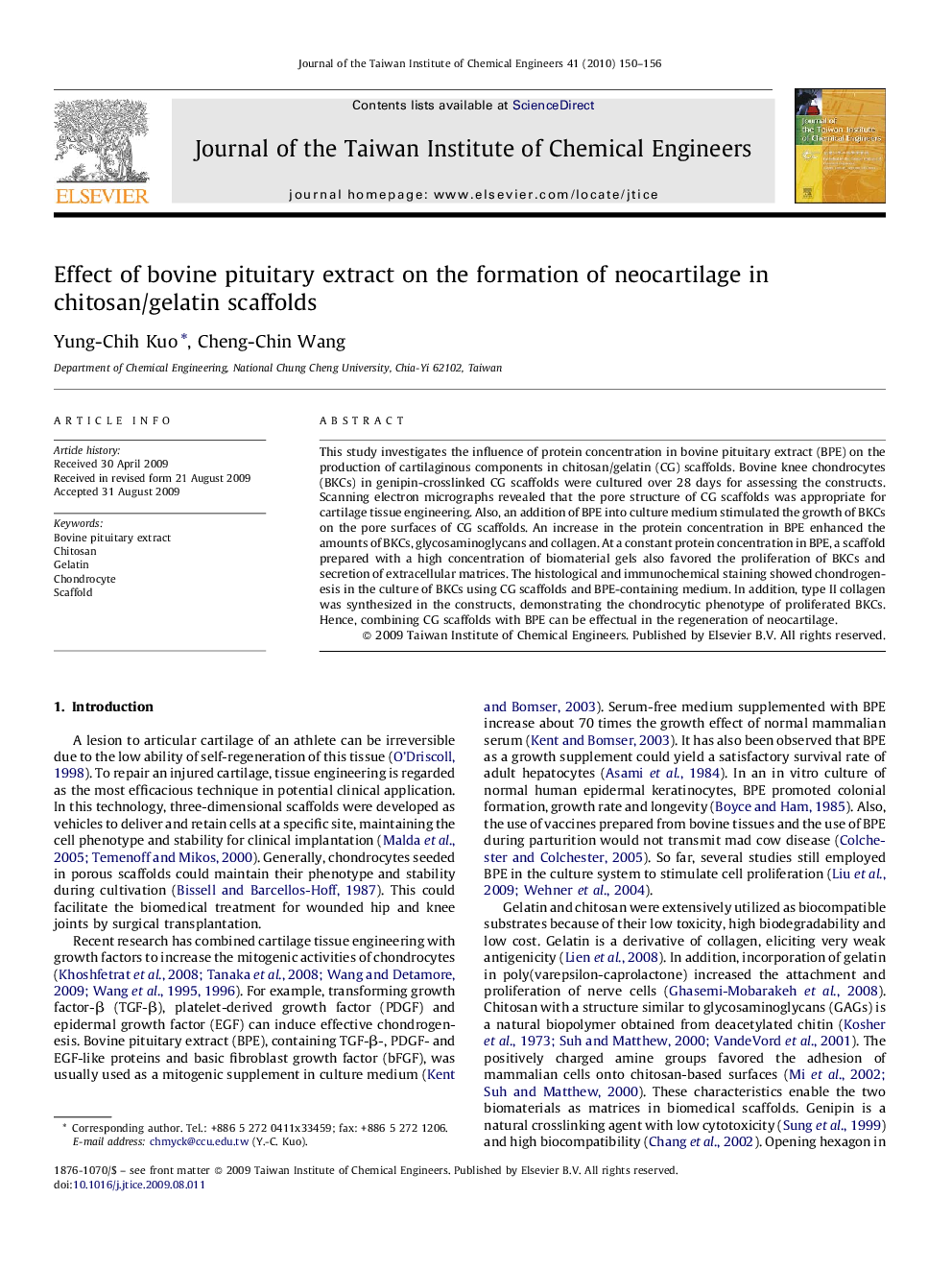 Effect of bovine pituitary extract on the formation of neocartilage in chitosan/gelatin scaffolds