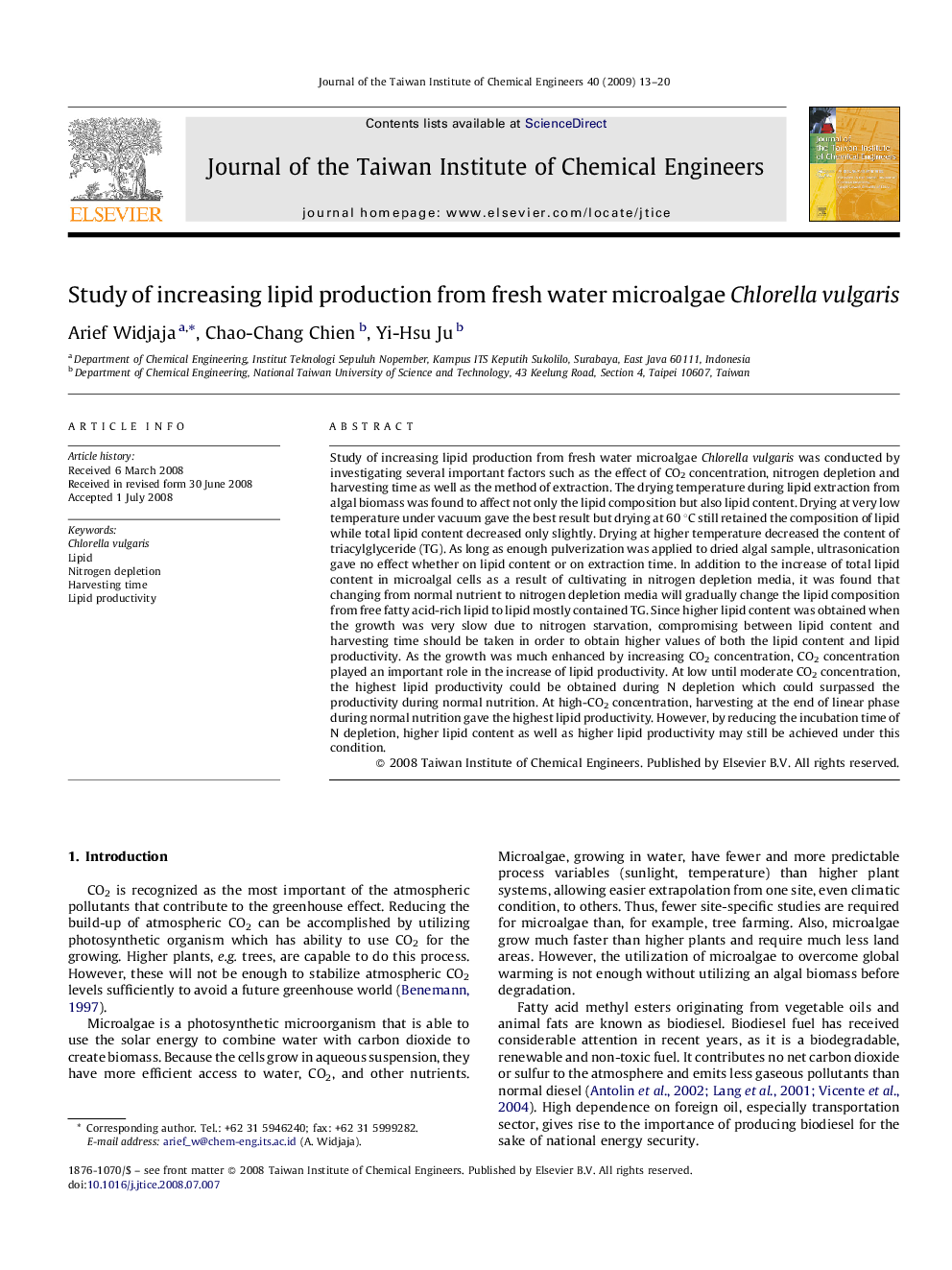 Study of increasing lipid production from fresh water microalgae Chlorella vulgaris