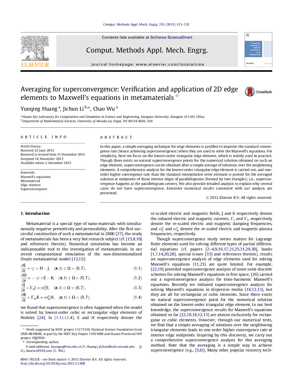 Averaging for superconvergence: Verification and application of 2D edge elements to Maxwell's equations in metamaterials