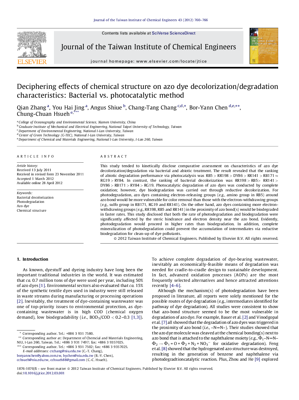 Deciphering effects of chemical structure on azo dye decolorization/degradation characteristics: Bacterial vs. photocatalytic method