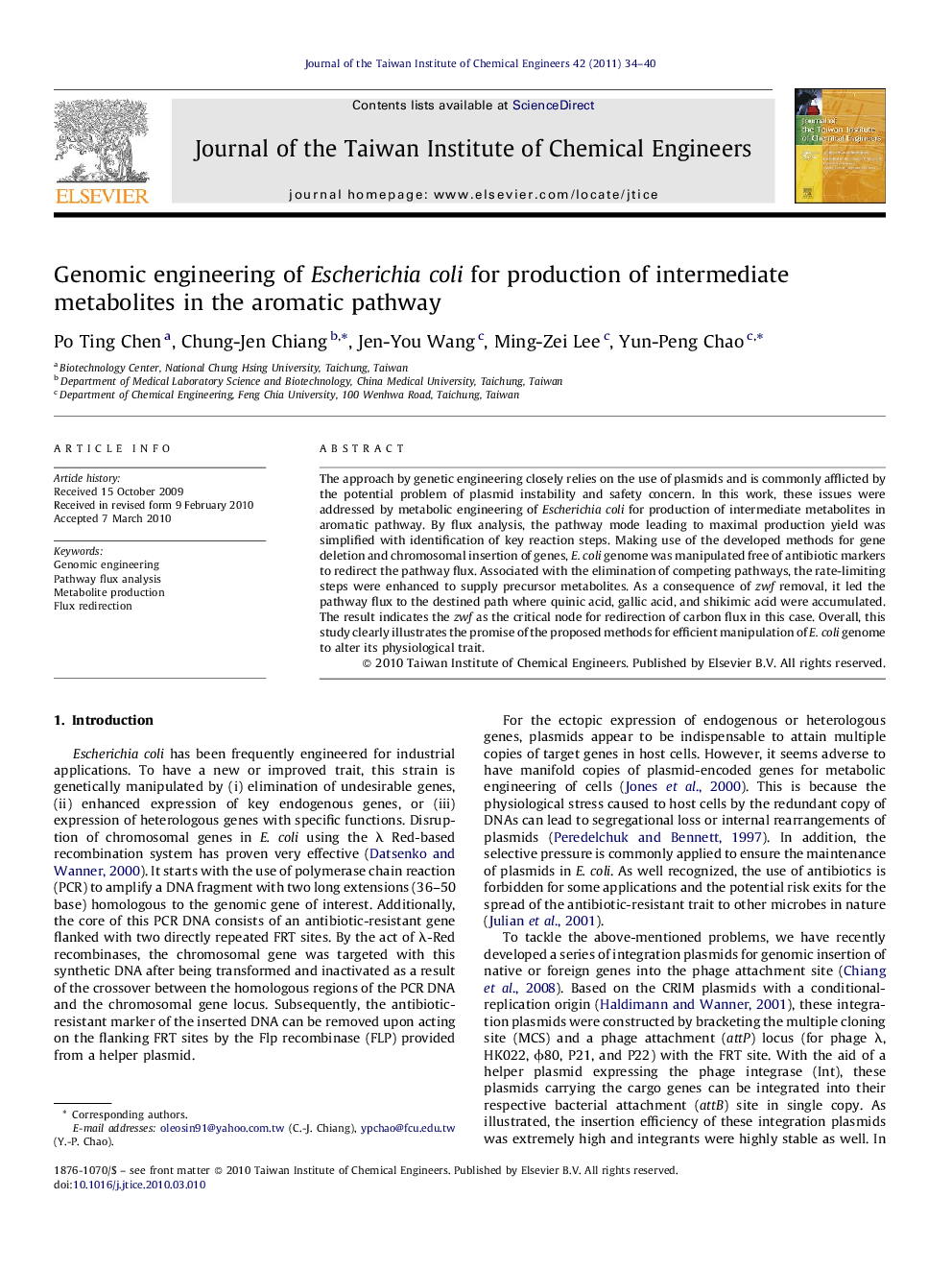 Genomic engineering of Escherichia coli for production of intermediate metabolites in the aromatic pathway