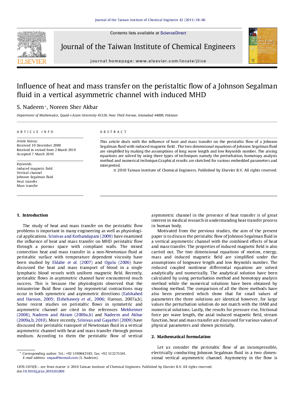 Influence of heat and mass transfer on the peristaltic flow of a Johnson Segalman fluid in a vertical asymmetric channel with induced MHD