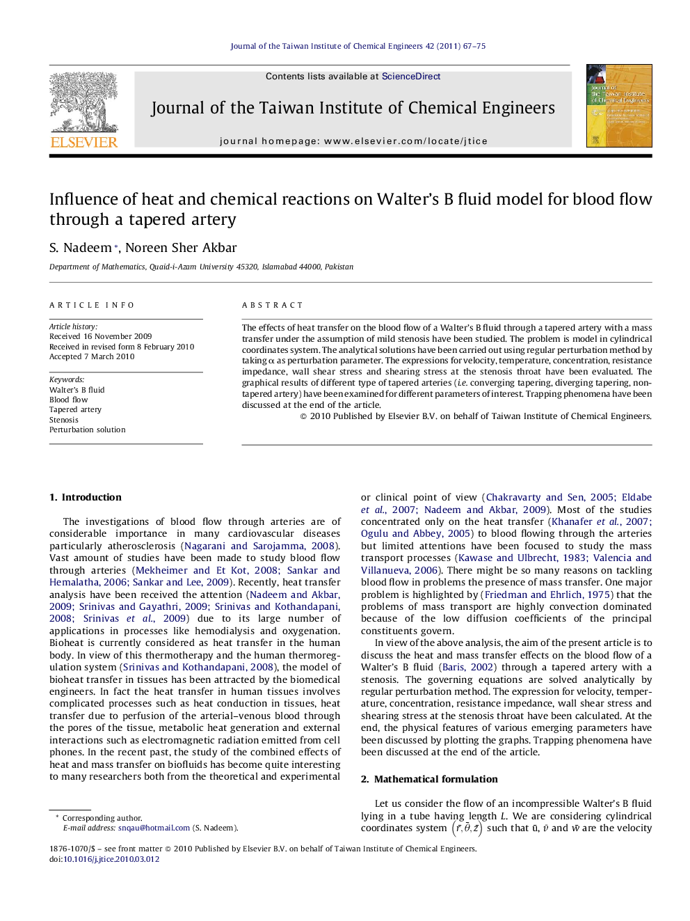 Influence of heat and chemical reactions on Walter’s B fluid model for blood flow through a tapered artery