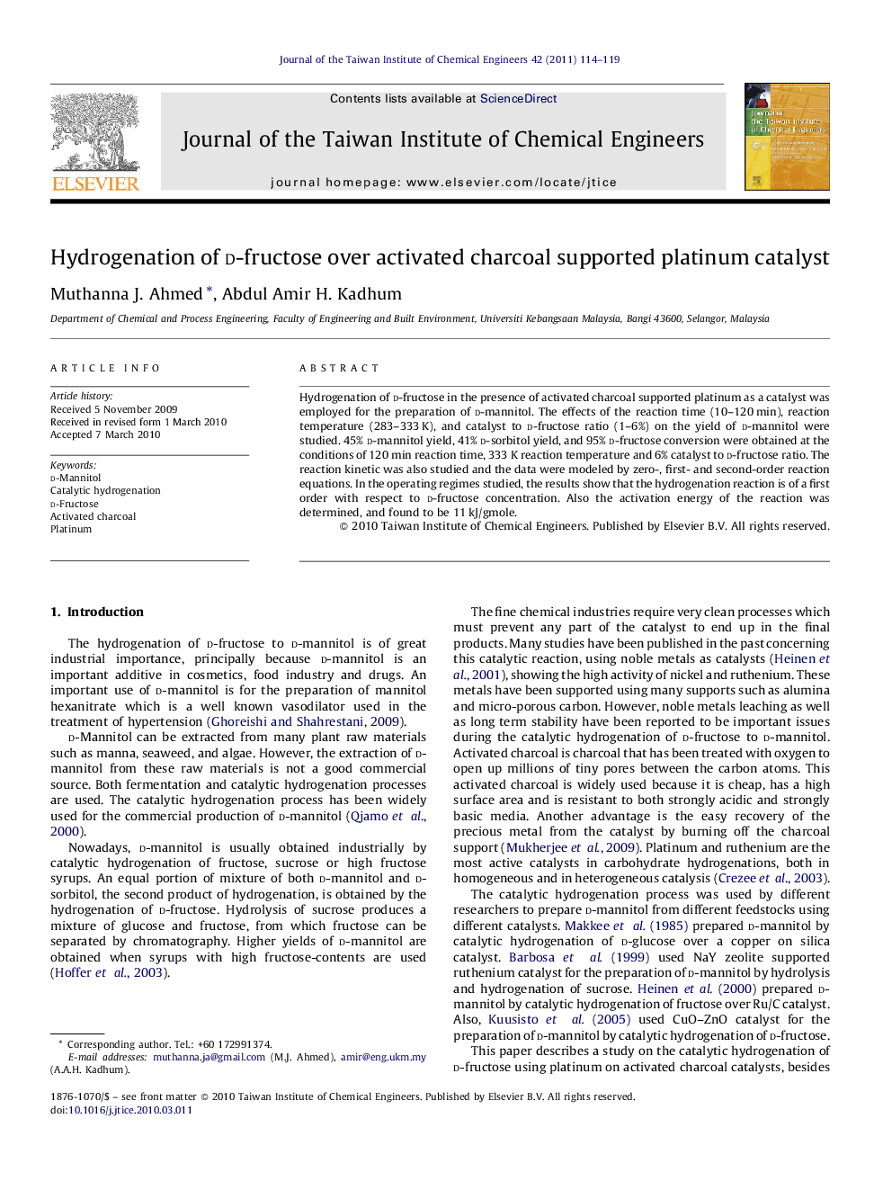 Hydrogenation of d-fructose over activated charcoal supported platinum catalyst