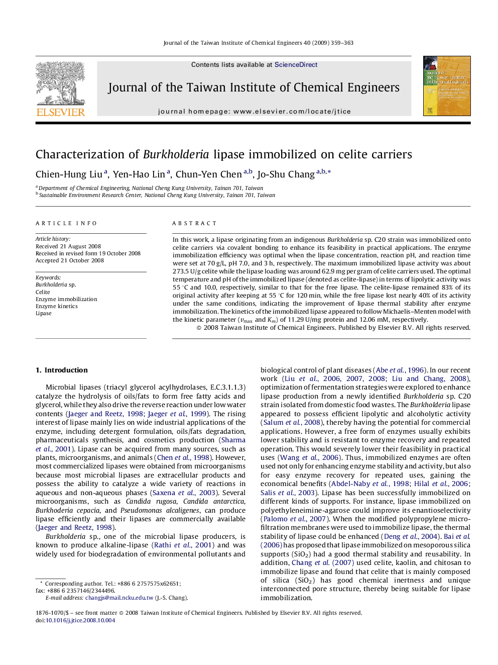 Characterization of Burkholderia lipase immobilized on celite carriers