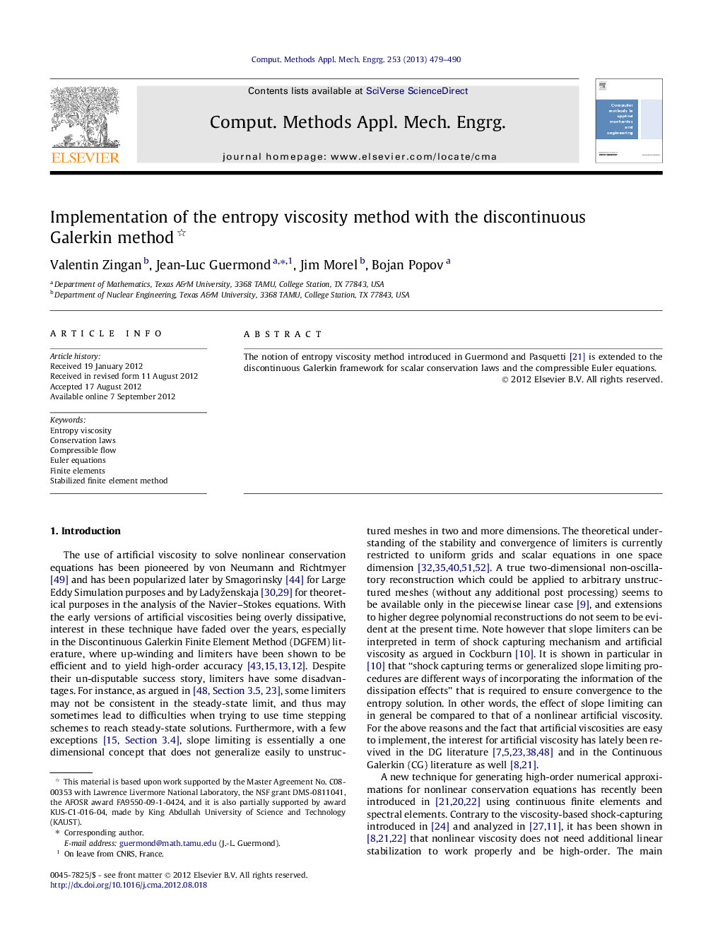 Implementation of the entropy viscosity method with the discontinuous Galerkin method