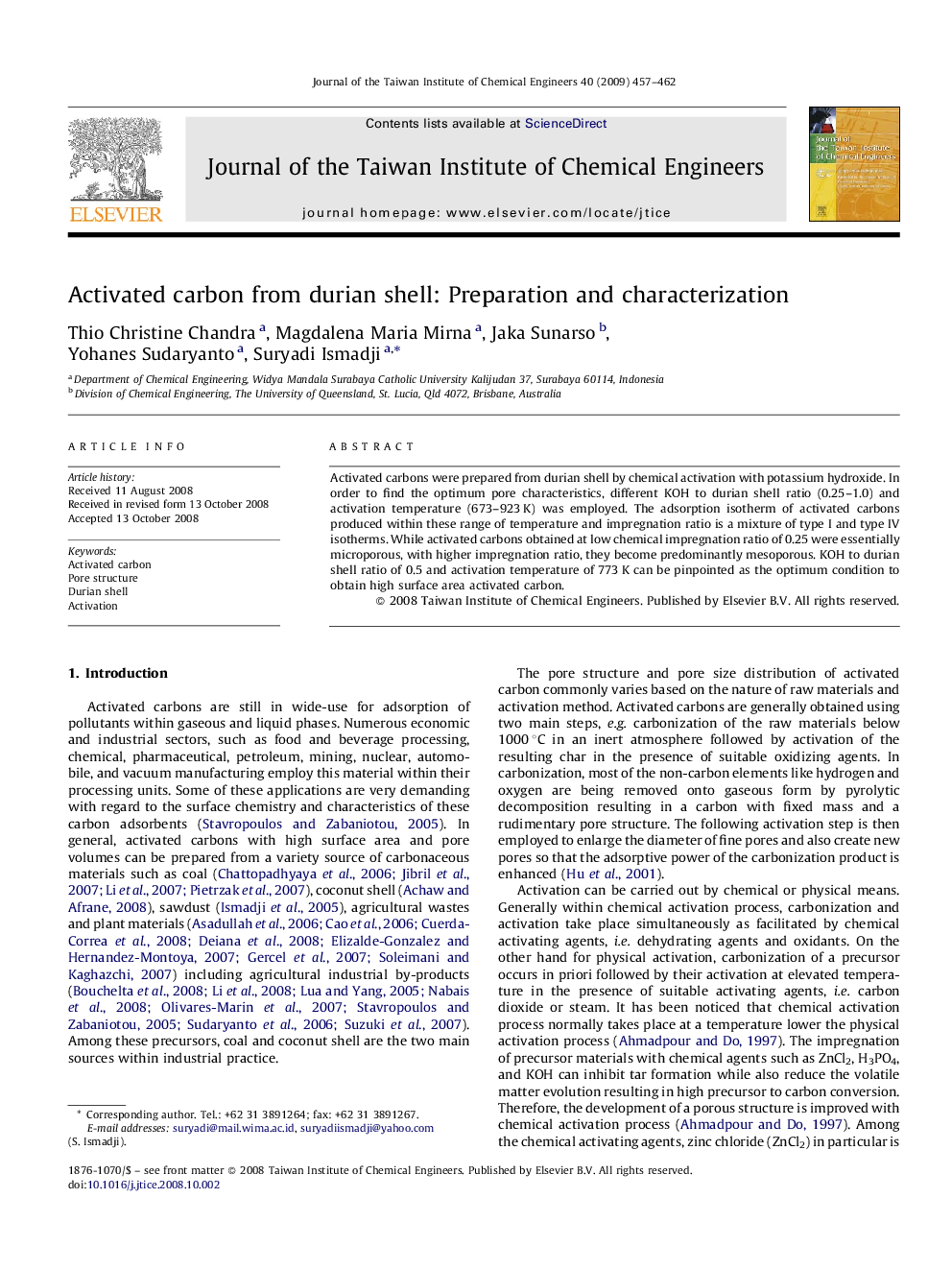 Activated carbon from durian shell: Preparation and characterization