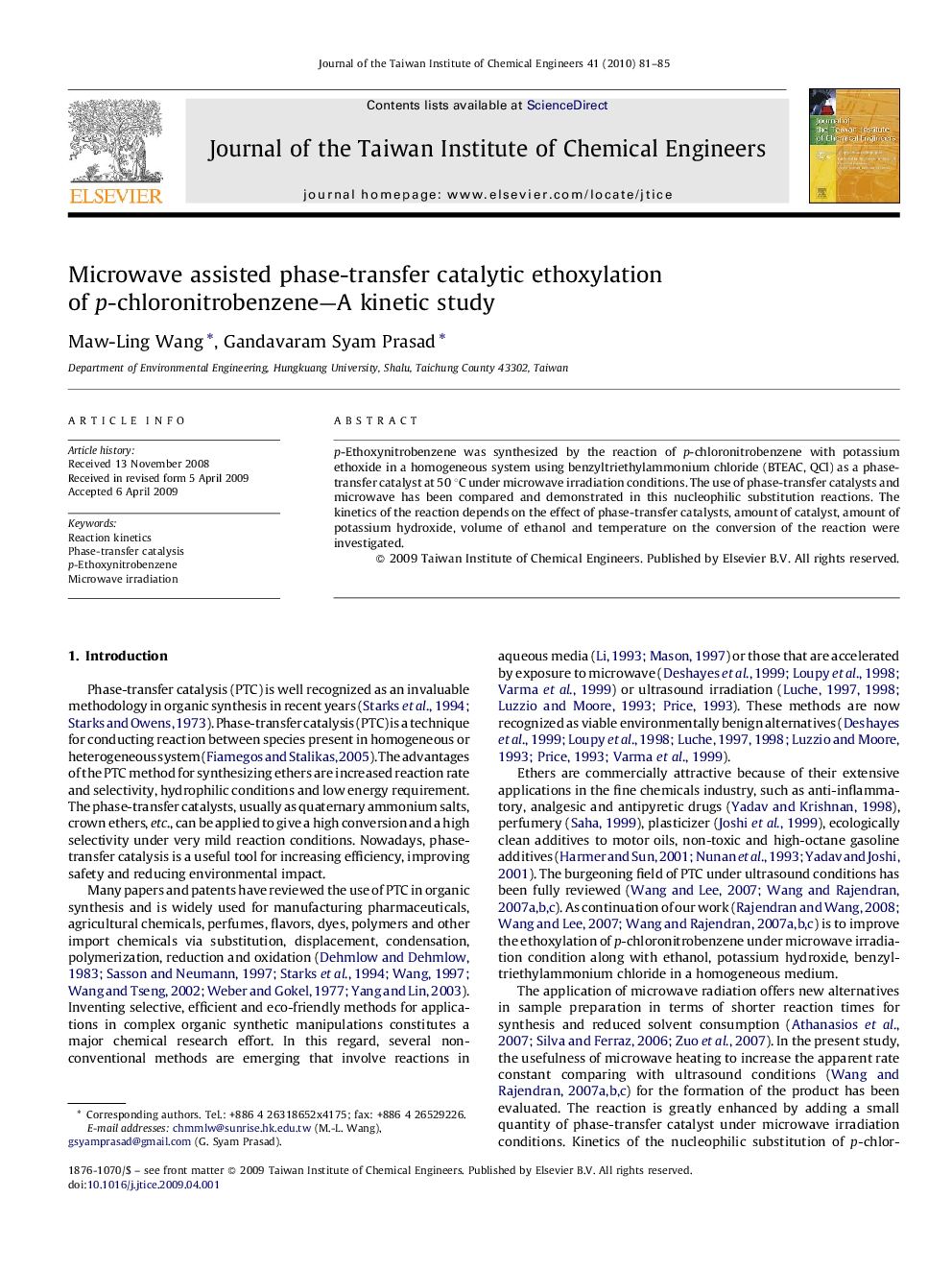 Microwave assisted phase-transfer catalytic ethoxylation of p-chloronitrobenzene—A kinetic study