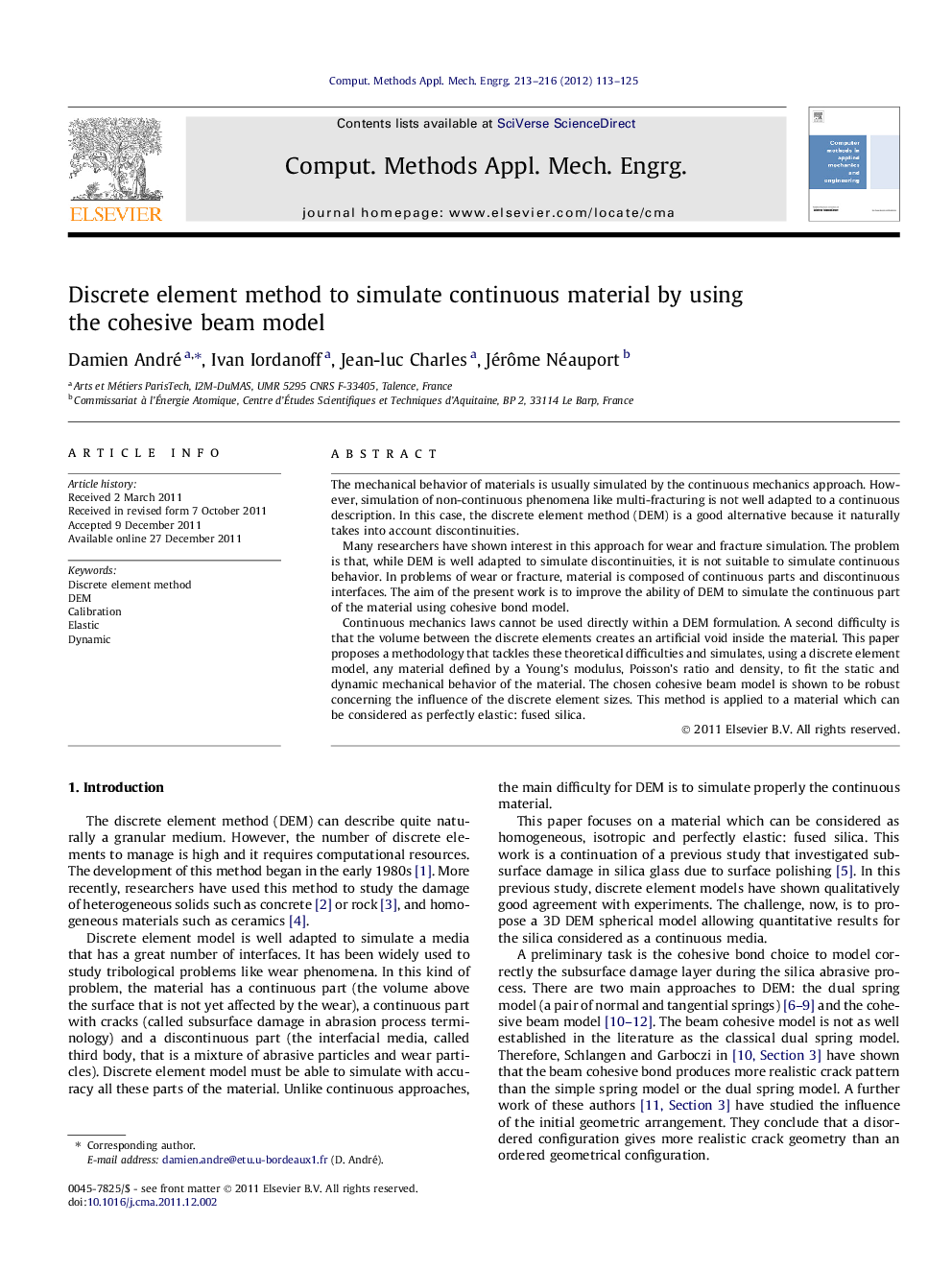 Discrete element method to simulate continuous material by using the cohesive beam model