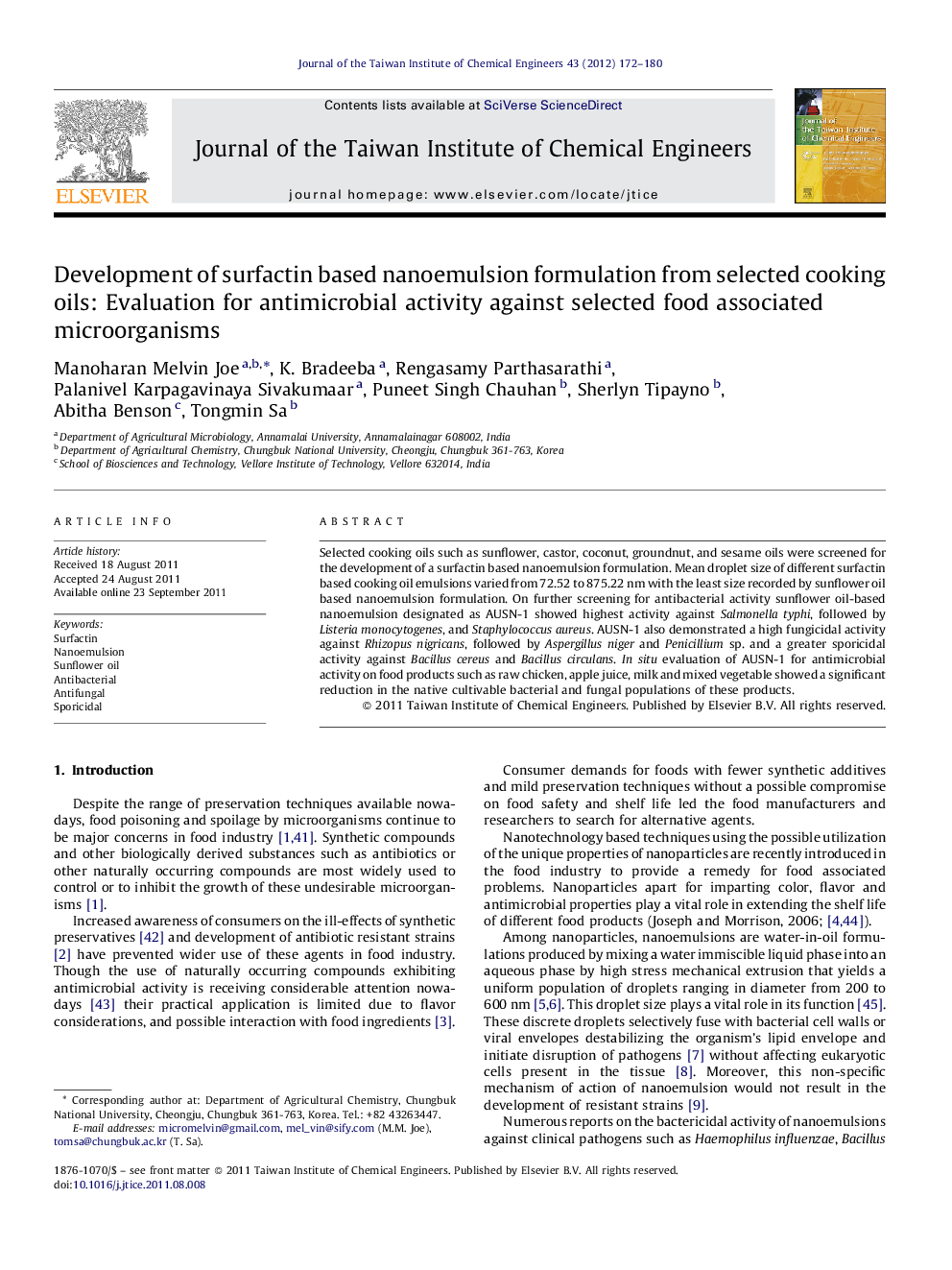 Development of surfactin based nanoemulsion formulation from selected cooking oils: Evaluation for antimicrobial activity against selected food associated microorganisms