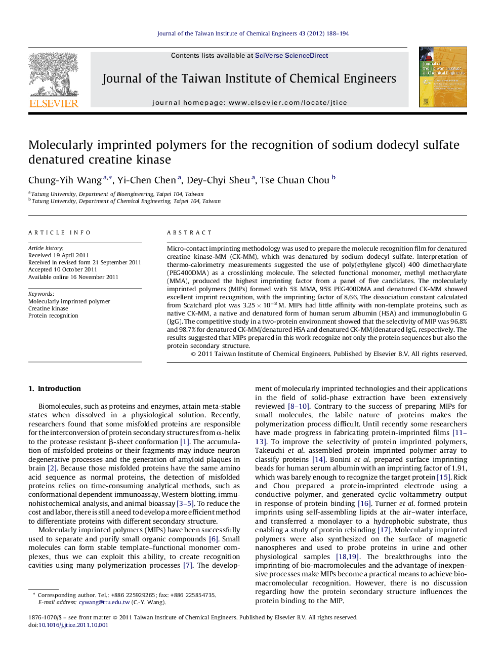 Molecularly imprinted polymers for the recognition of sodium dodecyl sulfate denatured creatine kinase