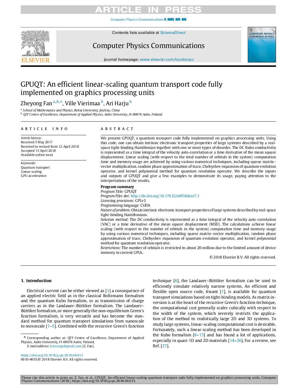 GPUQT: An efficient linear-scaling quantum transport code fully implemented on graphics processing units