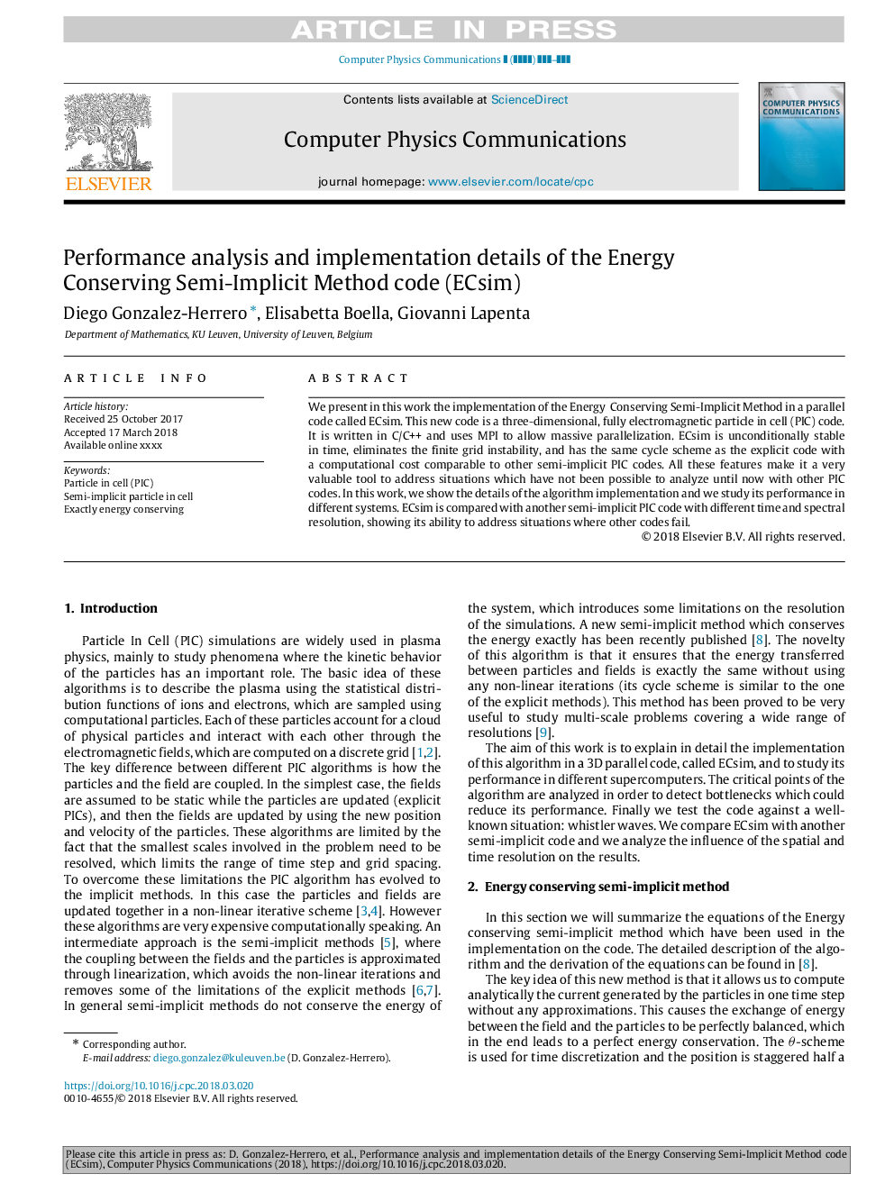 Performance analysis and implementation details of the Energy Conserving Semi-Implicit Method code (ECsim)