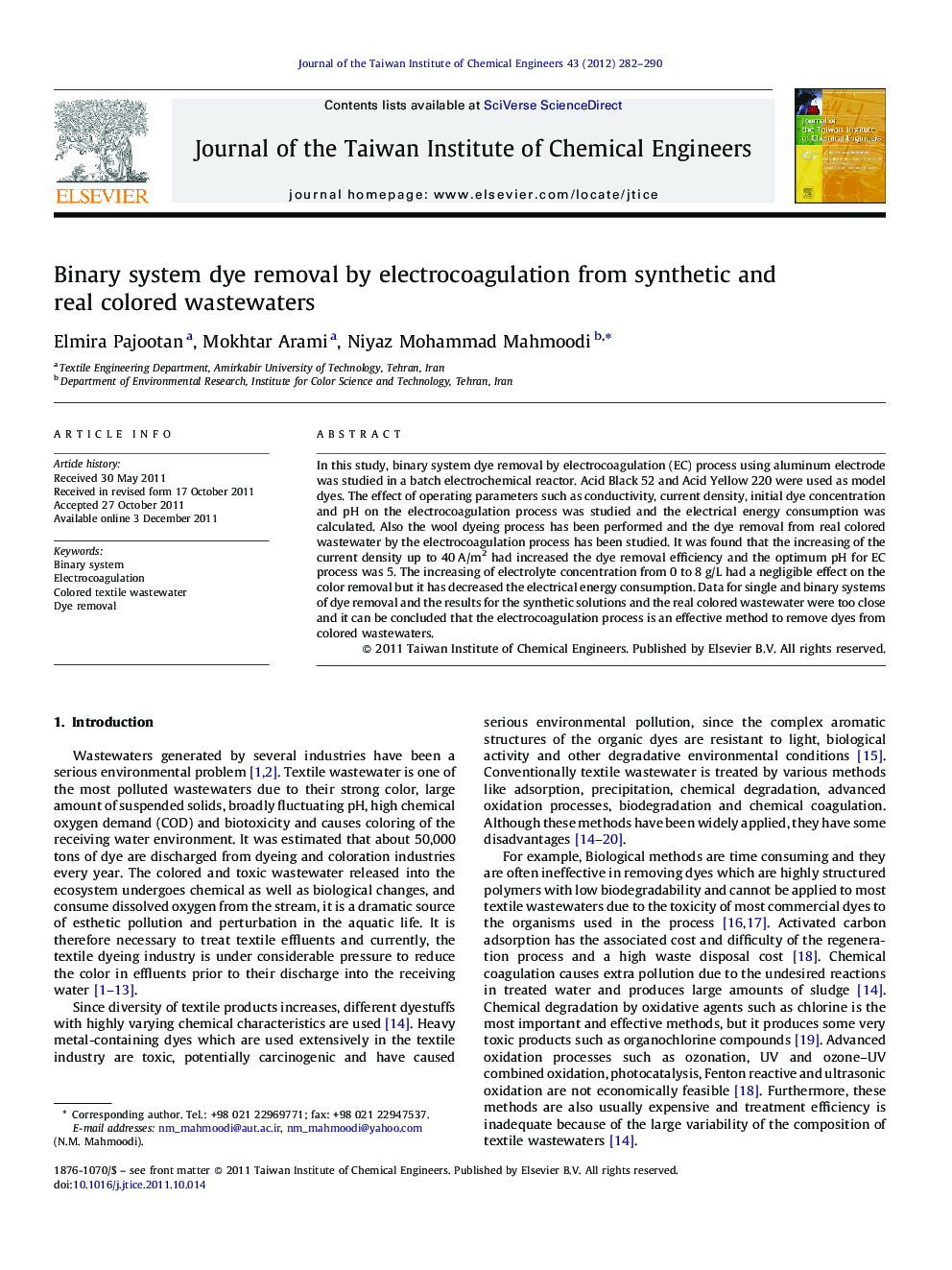 Binary system dye removal by electrocoagulation from synthetic and real colored wastewaters