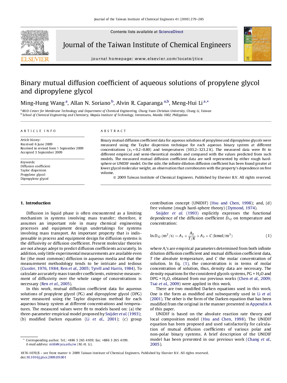 Binary mutual diffusion coefficient of aqueous solutions of propylene glycol and dipropylene glycol