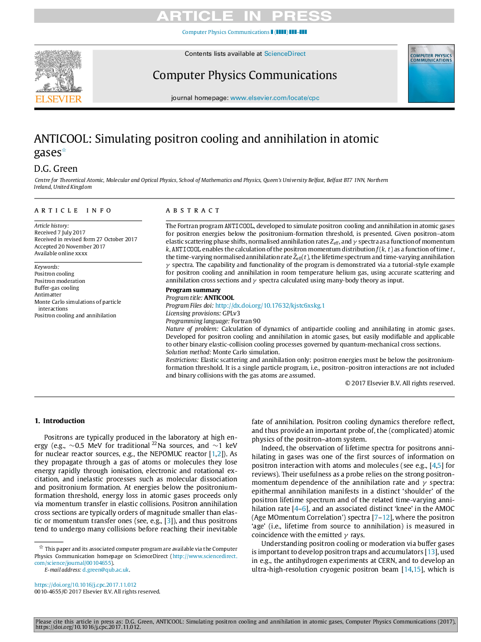 عکس صفحه اول مقاله: ANTICOOL: Simulating positron cooling and annihilation in atomic gases ANTICOOL: Simulating positron cooling and annihilation in atomic gases