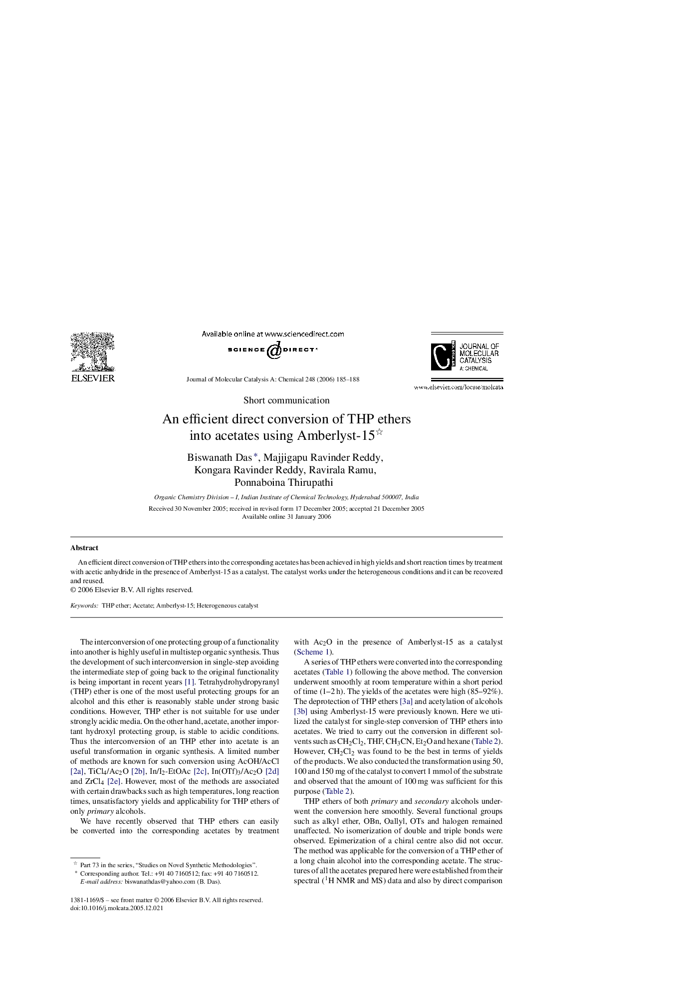 عکس صفحه اول مقاله: An efficient direct conversion of THP ethers into acetates using Amberlyst-15 An efficient direct conversion of THP ethers into acetates using Amberlyst-15
