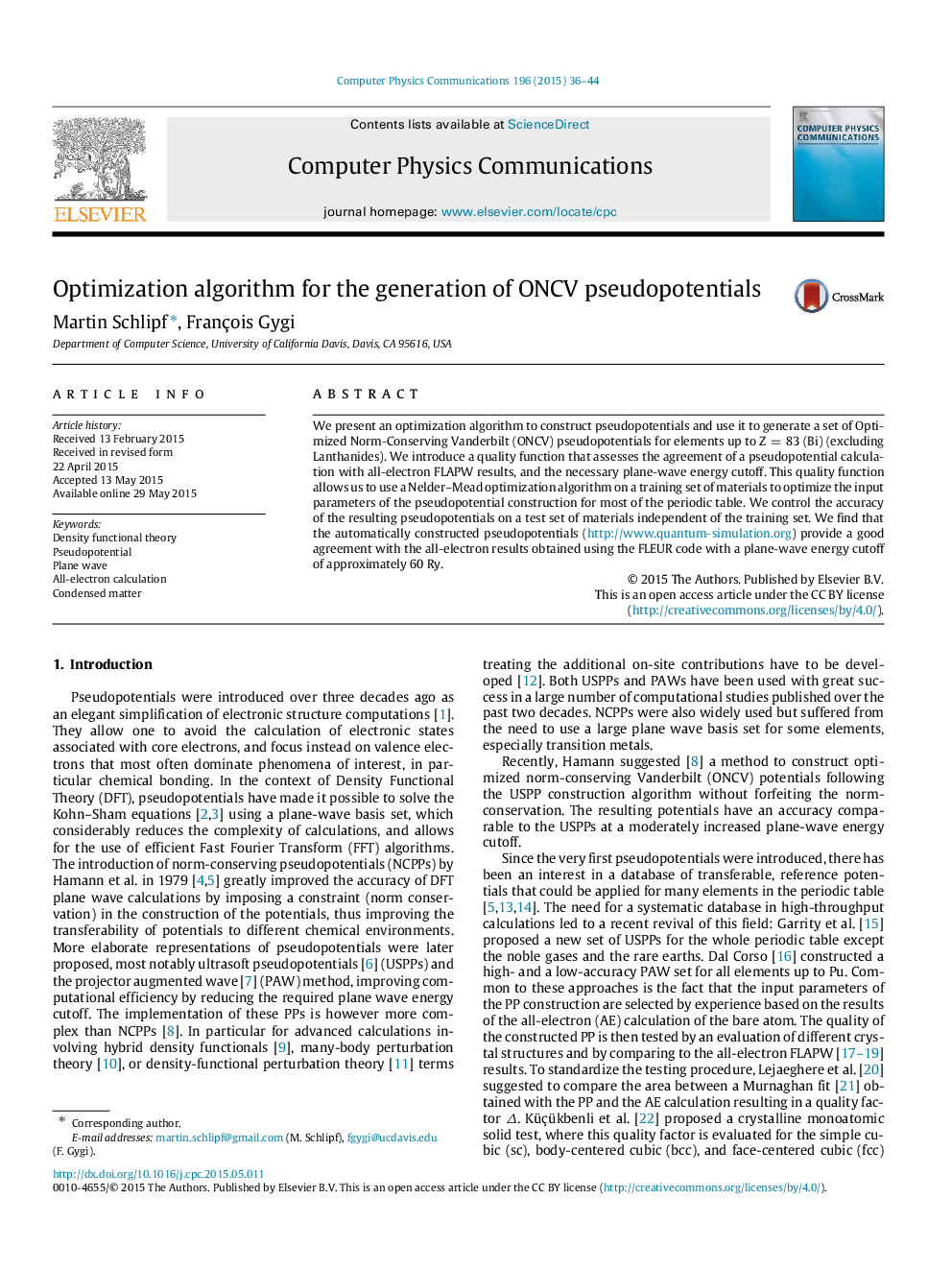 Optimization algorithm for the generation of ONCV pseudopotentials